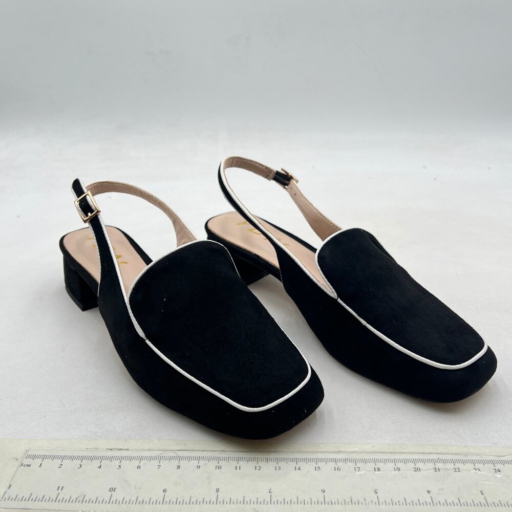 YDN Black Suede Square Toe Block Low Heels Slingback Formal Loafer Dressy Shoes - Picture 4 of 8